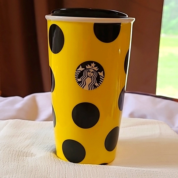 2015 STARBUCKS Yellow & Black Dot Ceramic Travel Mug - Picture 1 of 5
